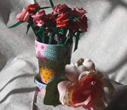 Crazy quilt flower pot with ribbon flower pens